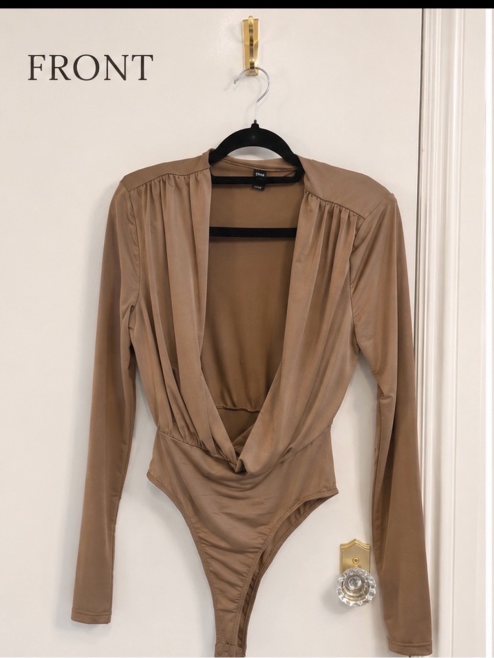 Draped Taupe Long-Sleeve Bodysuit